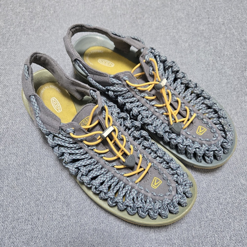 KEEN Uneek Men's 11 Gray Blue Orange Bungee Cord Sport Sandals 1014622 EUC